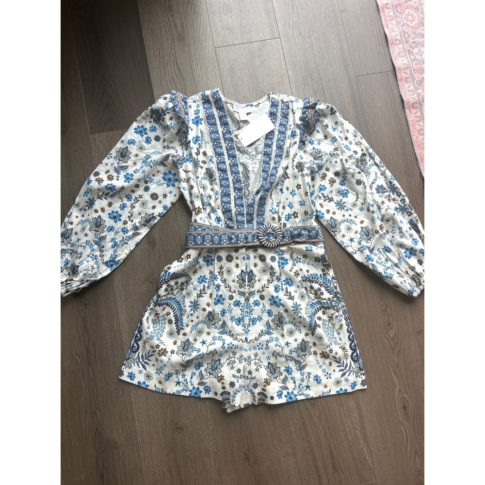 Caroline Constas Blue White Floral Linen Romper Ruffle V-Neck Belted Small NWT